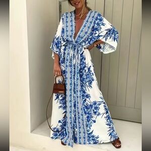 Boho floral print V neck  maxi dress